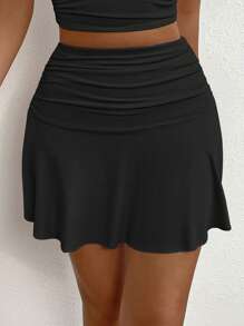 SHEIN Allurite 素色褶邊半身裙 - 黑色 - 查看 3