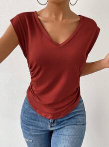 SHEIN Essnce Camiseta unicolor fruncido lateral de cuello V - Rojo - Ver 1