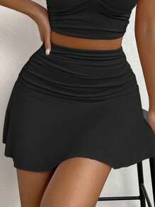 SHEIN Allurite 素色褶邊半身裙 - 黑色 - 查看 5