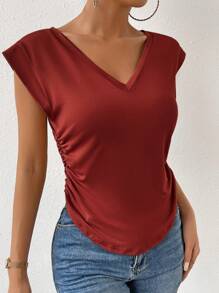 SHEIN Essnce Camiseta unicolor fruncido lateral de cuello V - Rojo - Ver 3