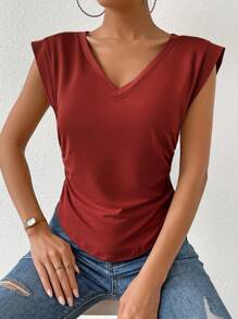 SHEIN Essnce Camiseta unicolor fruncido lateral de cuello V - Rojo - Ver 4