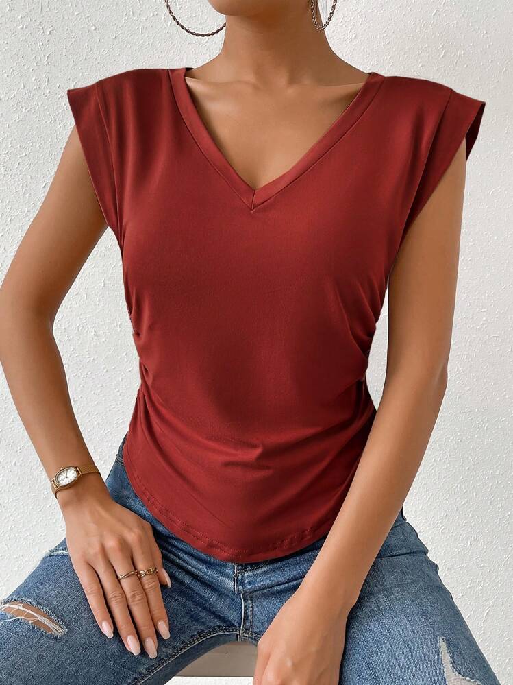 SHEIN Essnce Solid Ruched Side V Neck Tee - Red - View 4