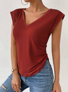 SHEIN Essnce Camiseta unicolor fruncido lateral de cuello V - Rojo - Ver 5
