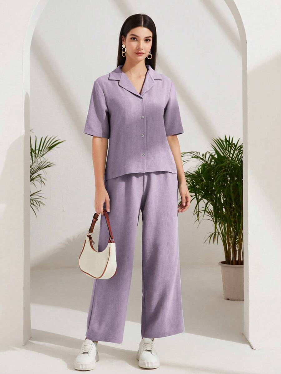 Mulvari Lapel Collar Button Front Shirt & Wide Leg Pants 2 Pieces Set - Mauve Purple - View 1