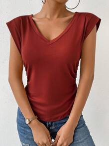 SHEIN Essnce Camiseta unicolor fruncido lateral de cuello V - Rojo - Ver 6