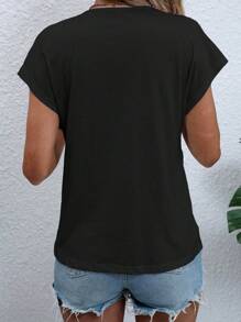 SHEIN VCAY Solid Batwing Sleeve V Neck Tee - Black - View 2