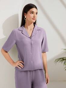 Mulvari Lapel Collar Button Front Shirt & Wide Leg Pants 2 Pieces Set - Mauve Purple - View 4