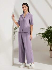 Mulvari Lapel Collar Button Front Shirt & Wide Leg Pants 2 Pieces Set - Mauve Purple - View 5