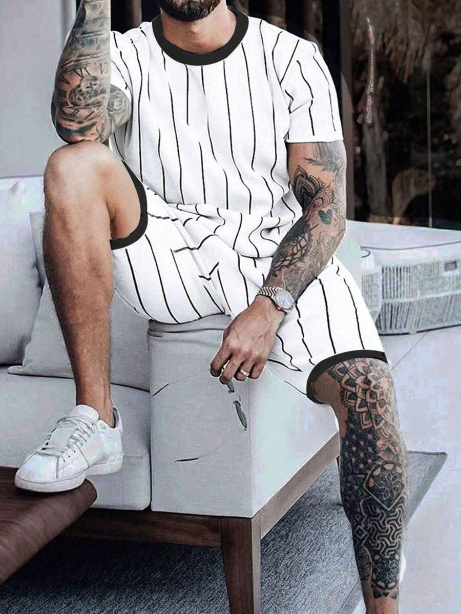 Manfinity Homme Men Plus Striped Print Tee & Shorts - White - View 1