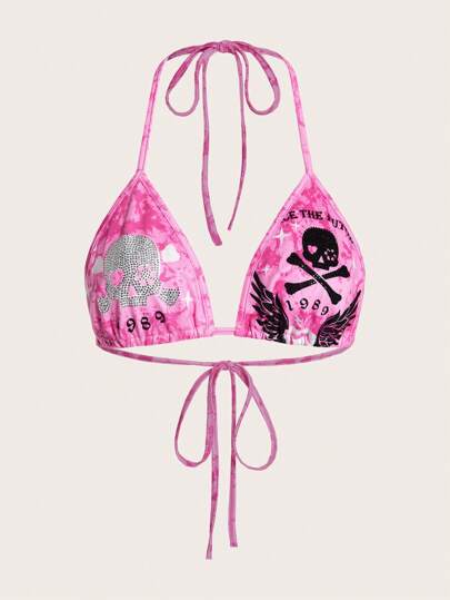 Top halter corto con strass con modello teschio tie dye capestro