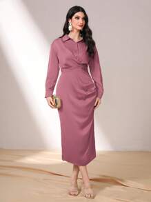 Seusyu Solid Twist Front Shirt Dress - Dusty Pink - View 1