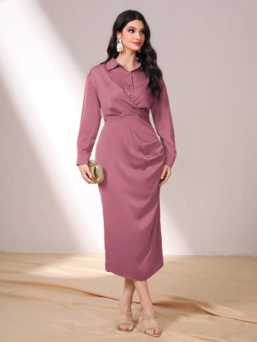 Seusyu Solid Twist Front Shirt Dress - Dusty Pink - View 1