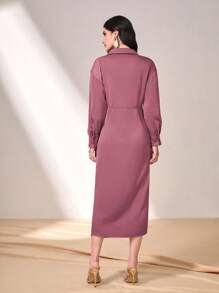 Seusyu Solid Twist Front Shirt Dress - Dusty Pink - View 2