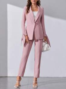 SHEIN Tall 青果領打結袖口西裝外套和褲子不附抹胸 - 淺粉色 - 查看 3