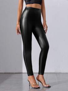 SHEIN Tall Studded Detail PU Leather Skinny Trousers - Black - View 3