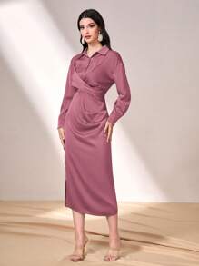 Seusyu Solid Twist Front Shirt Dress - Dusty Pink - View 3