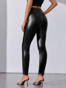 SHEIN Tall Studded Detail PU Leather Skinny Trousers - Black - View 2