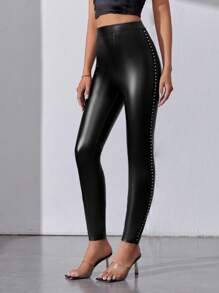 SHEIN Tall Studded Detail PU Leather Skinny Trousers - Black - View 4