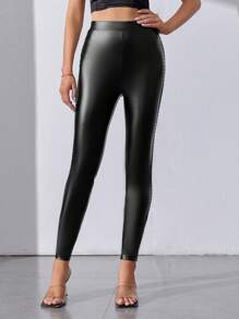 SHEIN Tall Studded Detail PU Leather Skinny Trousers - Black - View 5