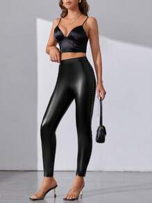 SHEIN Tall Studded Detail PU Leather Skinny Trousers - Black - View 1