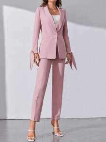 SHEIN Tall 青果領打結袖口西裝外套和褲子不附抹胸 - 淺粉色 - 查看 1