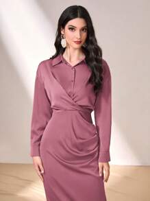 Seusyu Solid Twist Front Shirt Dress - Dusty Pink - View 4