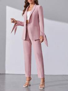 SHEIN Tall 青果領打結袖口西裝外套和褲子不附抹胸 - 淺粉色 - 查看 4