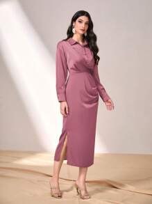Seusyu Solid Twist Front Shirt Dress - Dusty Pink - View 6