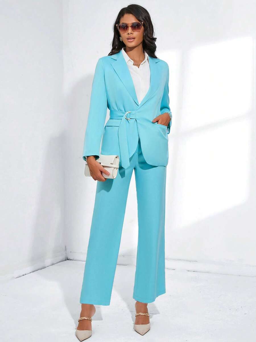 SHEIN BIZwear Chất rắn Thắt lưng Blazer & quần Trang phục làm việc - Màu xanh lam - Xem 1