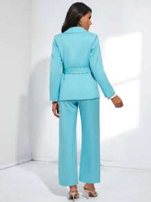 SHEIN BIZwear Chất rắn Thắt lưng Blazer & quần Trang phục làm việc - Màu xanh lam - Xem 2