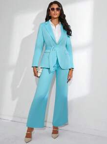 SHEIN BIZwear Chất rắn Thắt lưng Blazer & quần Trang phục làm việc - Màu xanh lam - Xem 3