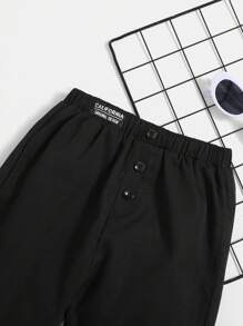 SHEIN 男童休閒簡約透氣舒適長褲，腰帶有裝飾鈕扣和徽章細節 - 黑色 - 查看 6