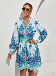 SHEIN Privé 印花缺口領燈籠袖連衣裙