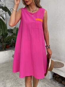 SHEIN VCAY 補丁貼口袋連衣裙 - 玫紅色 - 查看 2