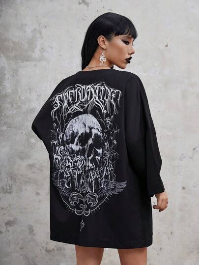 Goth Skull & Letter Graphic Drop Shoulder Oversized Coat