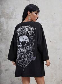 ROMWE Goth Hình ảnh Skull & chữ cái Thả vai Quá lớn áo - màu đen - Xem 4