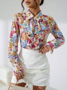 SHEIN Privé In hoa Cà vạt Viền Ruffle Áo sơ mi - Nhiều màu - Xem 5