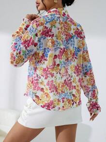 SHEIN Privé In hoa Cà vạt Viền Ruffle Áo sơ mi - Nhiều màu - Xem 2