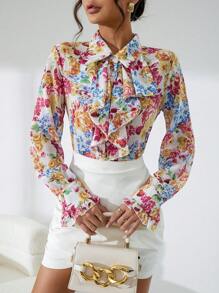 SHEIN Privé In hoa Cà vạt Viền Ruffle Áo sơ mi - Nhiều màu - Xem 4