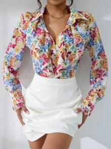 SHEIN Privé In hoa Cà vạt Viền Ruffle Áo sơ mi - Nhiều màu - Xem 7