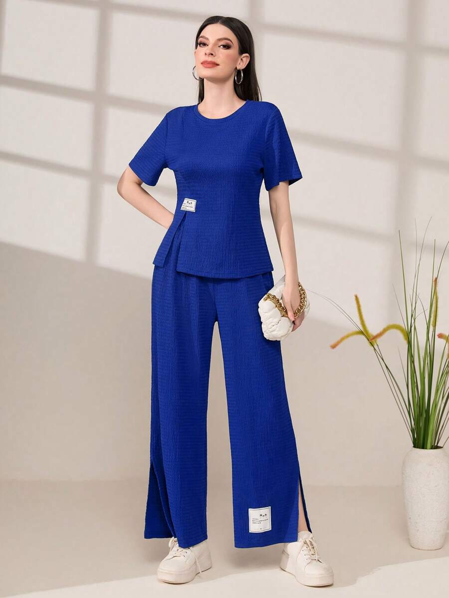 Mulvari Letter Patched Detail Split Hem Tee & Trousers - Royal Blue - View 1