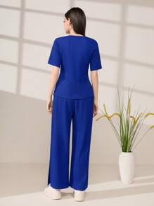 Mulvari Letter Patched Detail Split Hem Tee & Trousers - Royal Blue - View 2