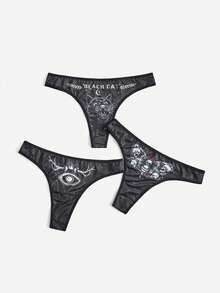 ROMWE Goth 3入組貓圖案丁字褲套裝 - 黑色 - 查看 4