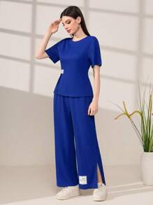 Mulvari Letter Patched Detail Split Hem Tee & Trousers - Royal Blue - View 5