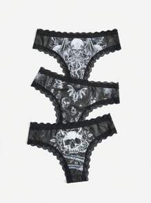 IamYouth Goth 3pack Skull Print Contrast Lace Thong Set - Black - View 1