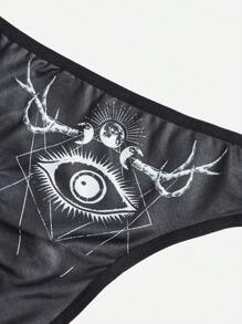 ROMWE Goth 3入組貓圖案丁字褲套裝 - 黑色 - 查看 3