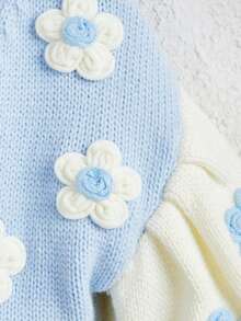 SHEIN Young Girl Floral Patched Colorblock Lantern Sleeve Cardigan - Baby Blue - View 3