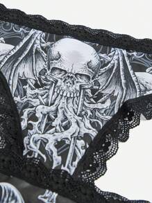 IamYouth Goth 3pack Skull Print Contrast Lace Thong Set - Black - View 3