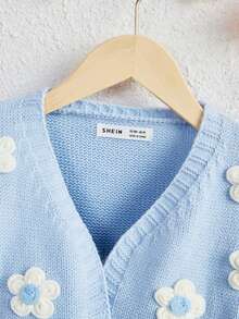 SHEIN Young Girl Floral Patched Colorblock Lantern Sleeve Cardigan - Baby Blue - View 4