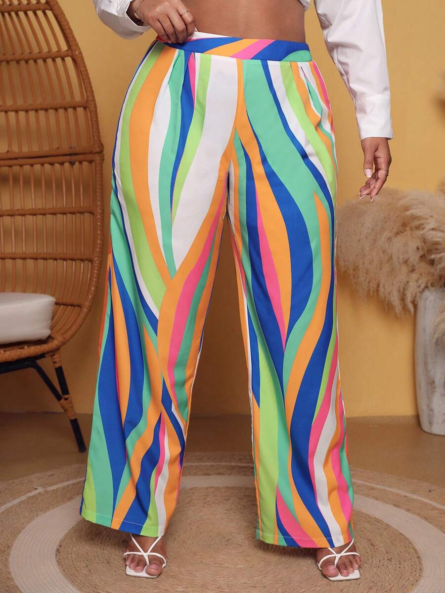 SHEIN SXY Plus Allover Print Straight Leg Trousers - Multicolor - View 1